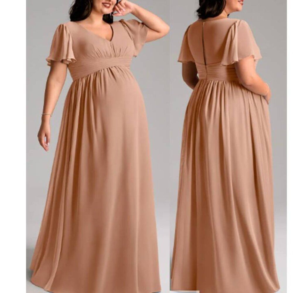 Azazie Verna Maternity Elegant Maxi Dress Chiffon Formal Party Champagne Size 14